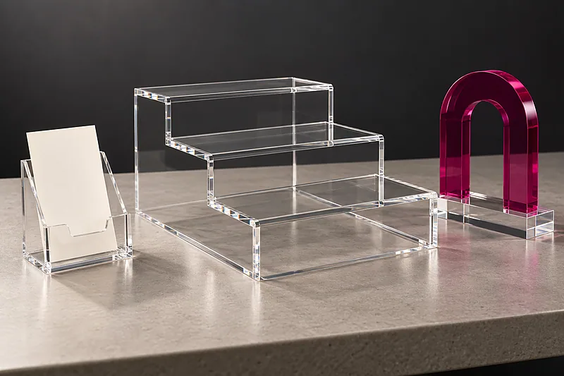 Clear acrylic display pieces on a bench
