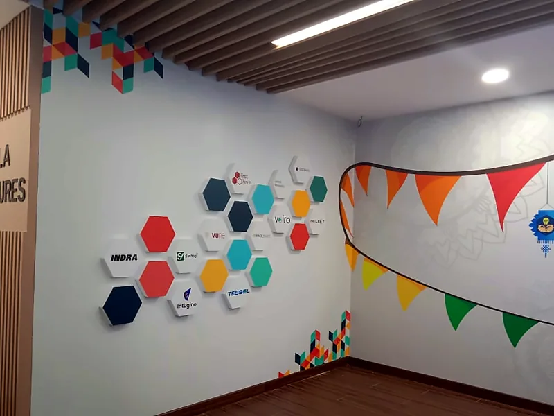 Hexagon wall with bunting artwork (Environmental Graphics)