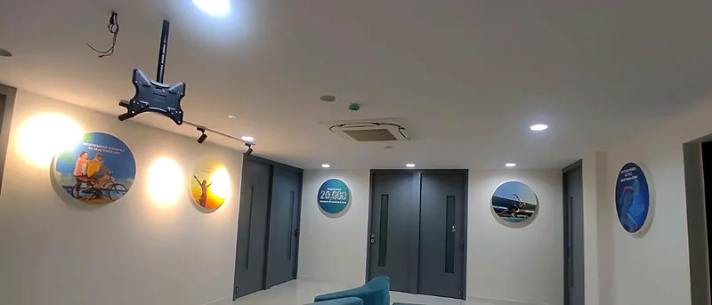Round printed graphics on a lounge wall