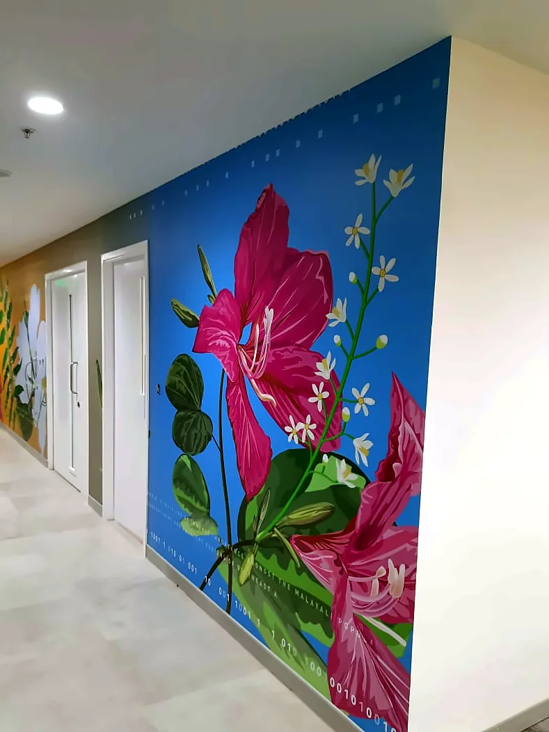 Illustrated floral corridor mural: Printed Wallpaper