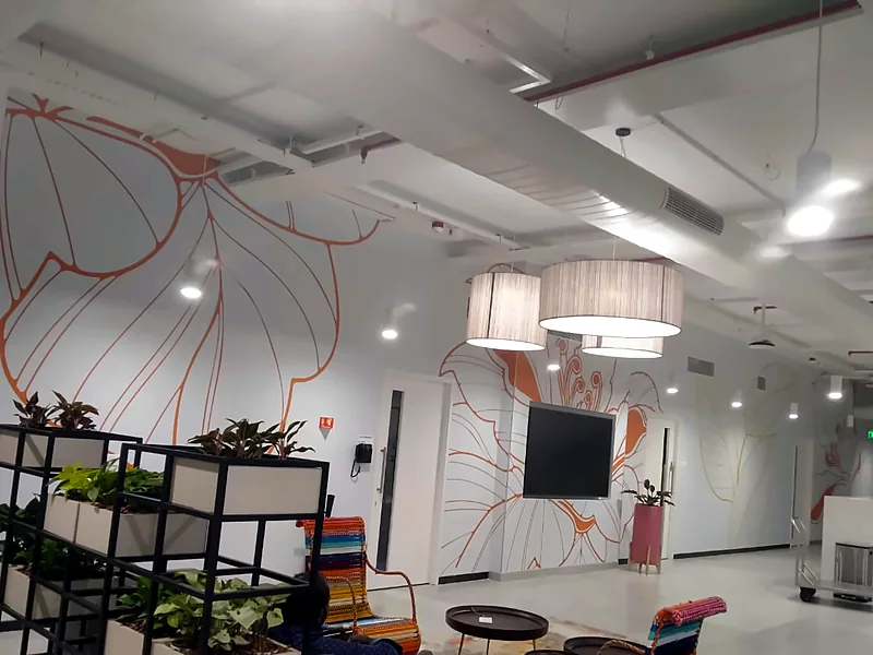 Line-art floral lounge mural: Environmental Graphics