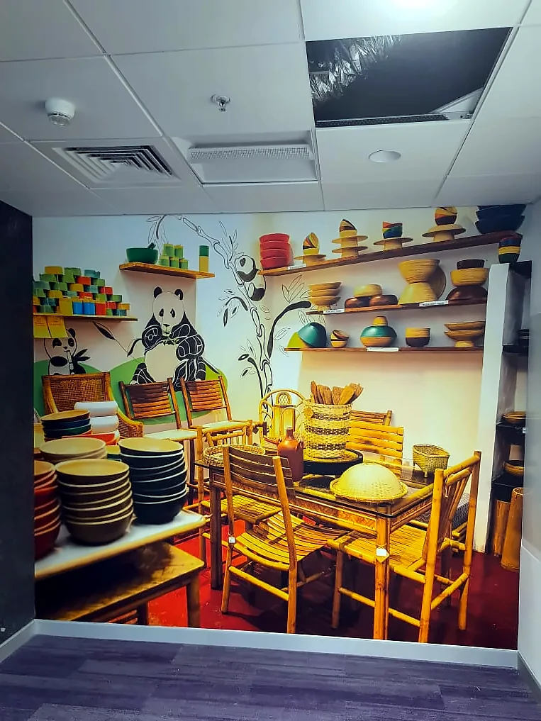 Illustrated heritage-shop mural: Printed Wallpaper