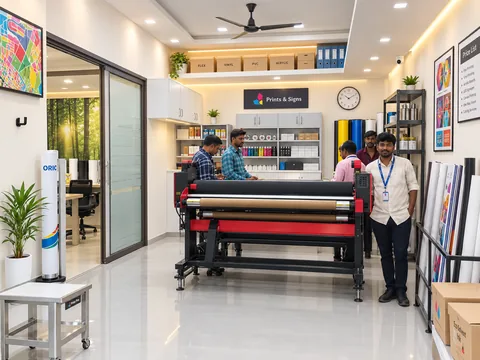 Team members working beside the large-format printing machine