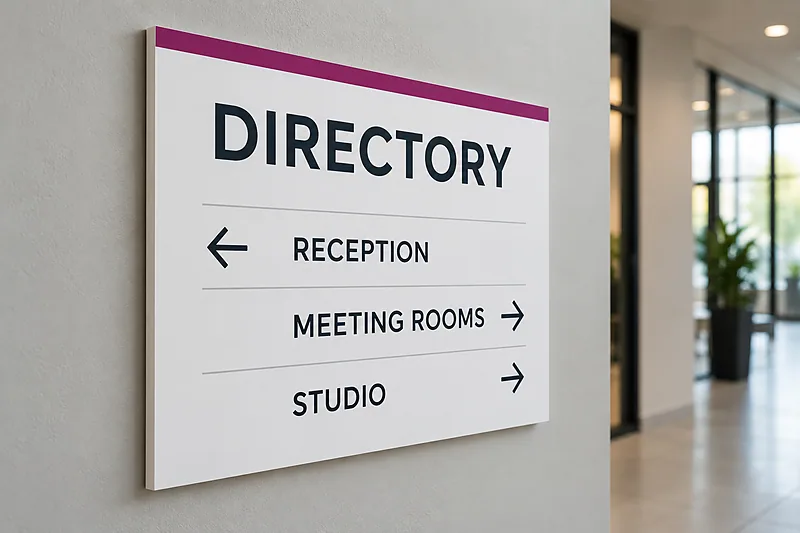 Directory sign with arrows mounted on a wall