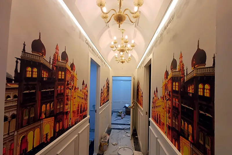 Printed palace-corridor mural with chandeliers